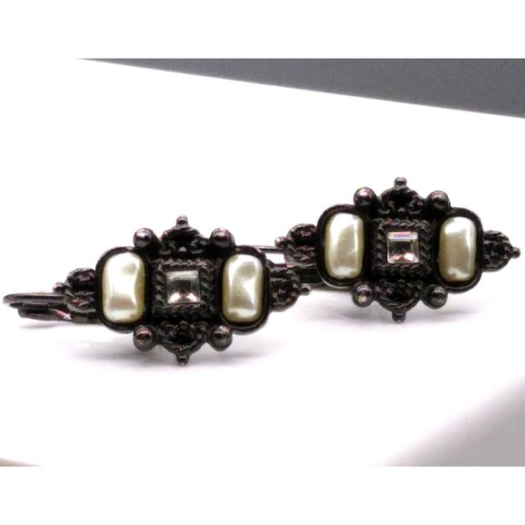 Vintage Berebi Pearl and Crystal Drop Earrings in Gunmetal Gray, Signed Designer - Picture 2 of 5